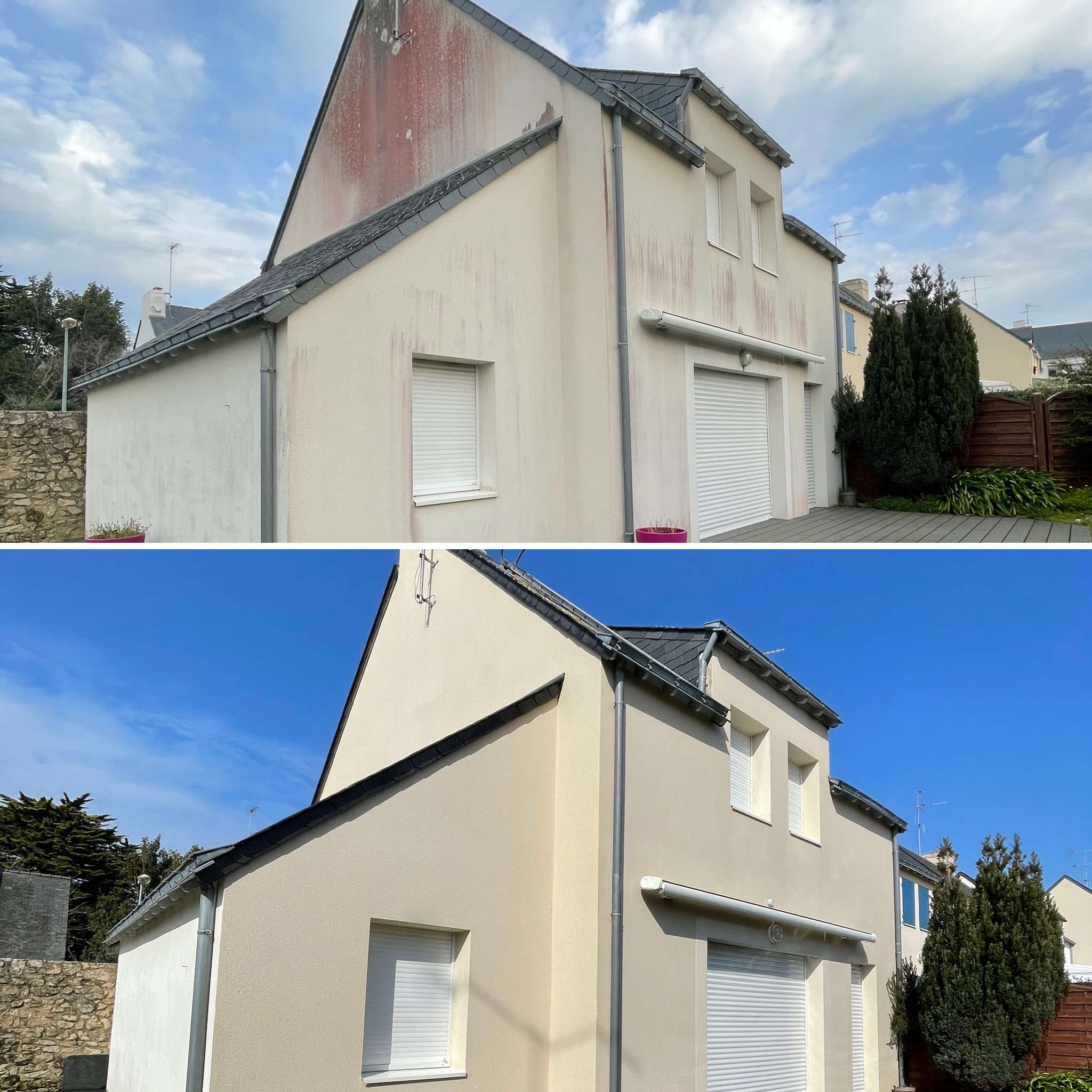 Photo avant après d'un ravalement complet de façade, nettoyage et enduit de façade par artisan façadier